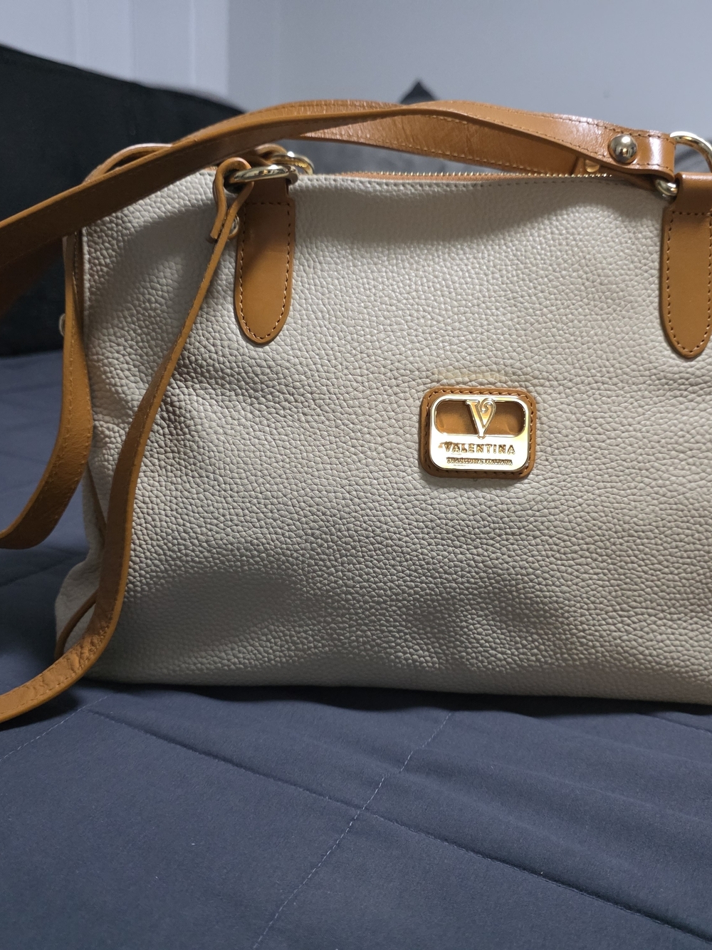 VALENTINA Cream Pebbled Shoulder Bag with Tan Trim and Gold Hardware